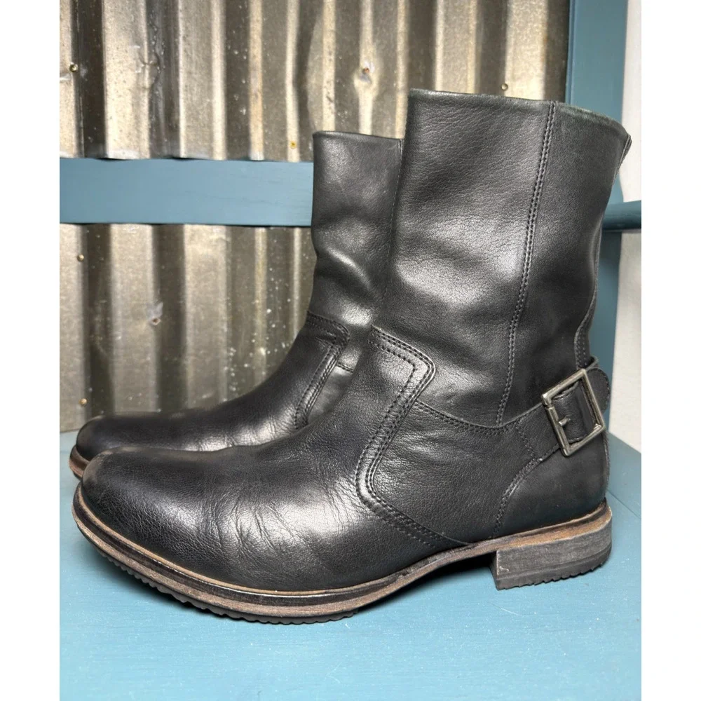 Cole Haan Mens Black Leather Engineer Moto Boots Size 11 M Zip Buckle Orig $300